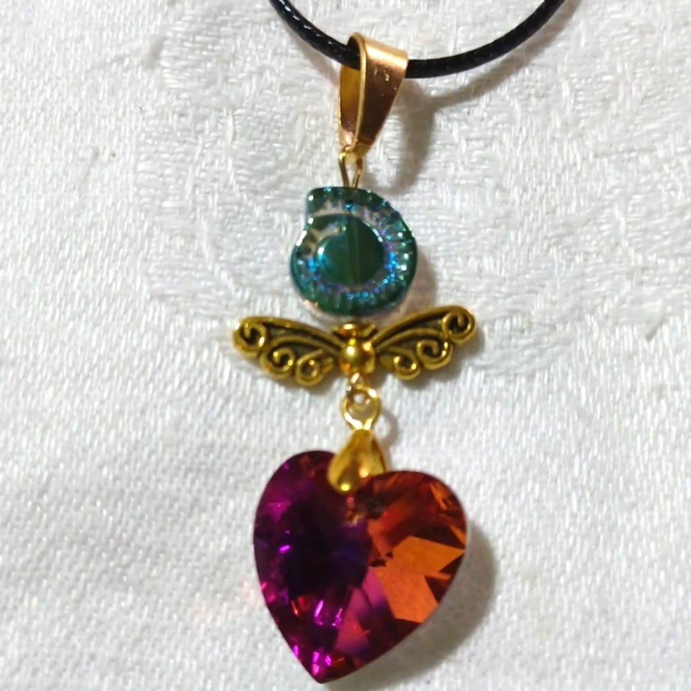 Gold angel wings pink titanium heart blue glass shell bead pendant necklace gem